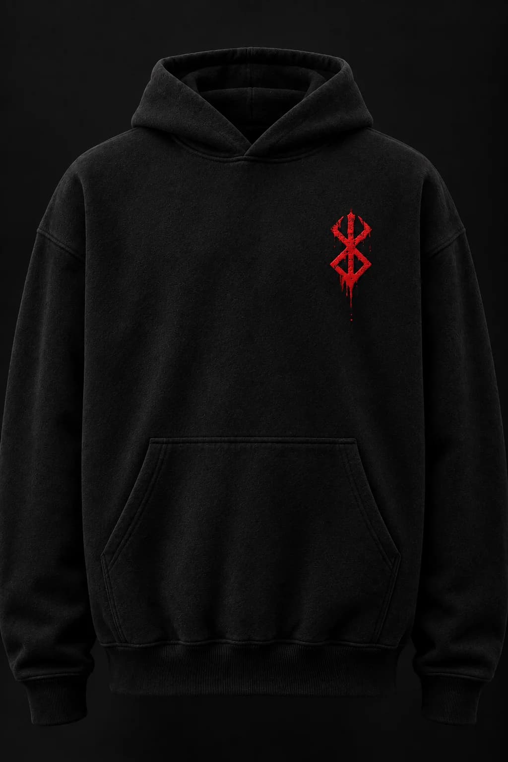 Front view of the black Crimson Omen hoodie with a red embroidered sacrifice emblem