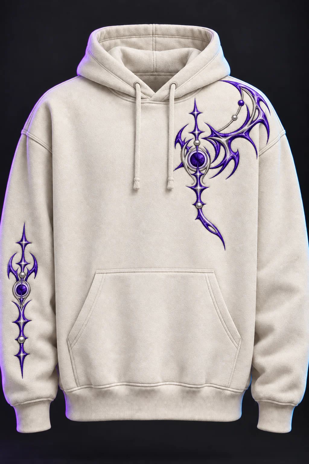 Front view of the bone Spectral Halo hoodie with asymmetric purple chest and forearm embroidery